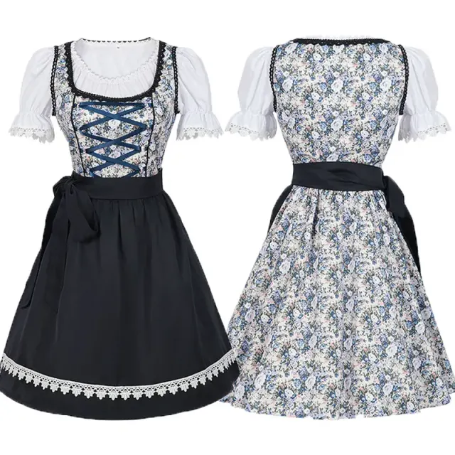 Dark blue Oktoberfest-style dress with a white floral print and V-neckline, shown as a women's cosplay maid costume.