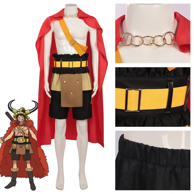 Luffy Elbaph Arc cosplay costume set with a sleeveless design, shown for stage performance and anime-themed dress-up.