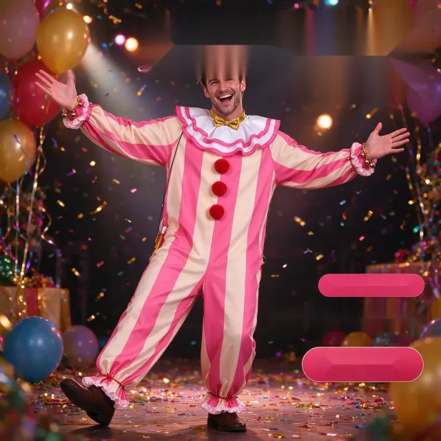 Pink and white striped clown jumpsuit costume with decorative accessories for carnival cosplay and parade performances.