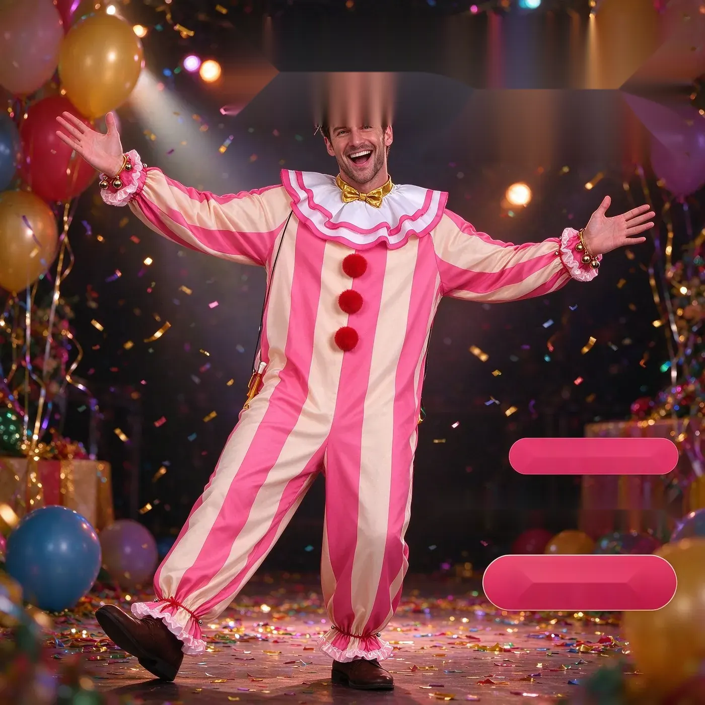Pink and white striped clown jumpsuit costume with decorative accessories for carnival cosplay and parade performances.