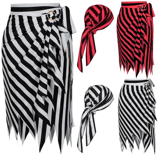 Black pirate costume skirt with burnout stripes, pointed accents, and lace-up details.