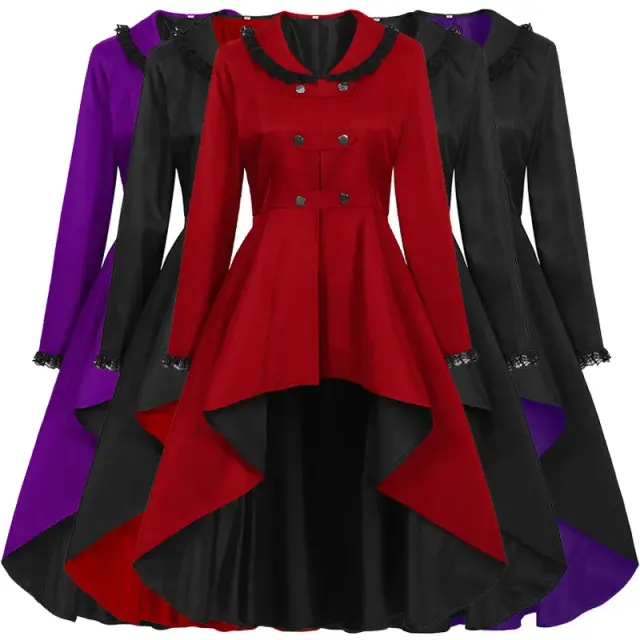 Long black-and-purple plague doctor cosplay trench coat with an irregular hem and a vintage theatrical look.