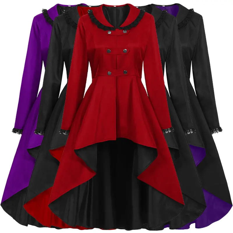 Long black-and-purple plague doctor cosplay trench coat with an irregular hem and a vintage theatrical look.