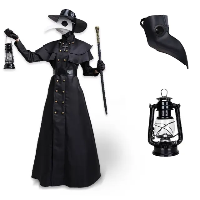 Main image shows a plague doctor cosplay costume with a bird-beak mask, hat, head covering, garment, gloves, and belt.