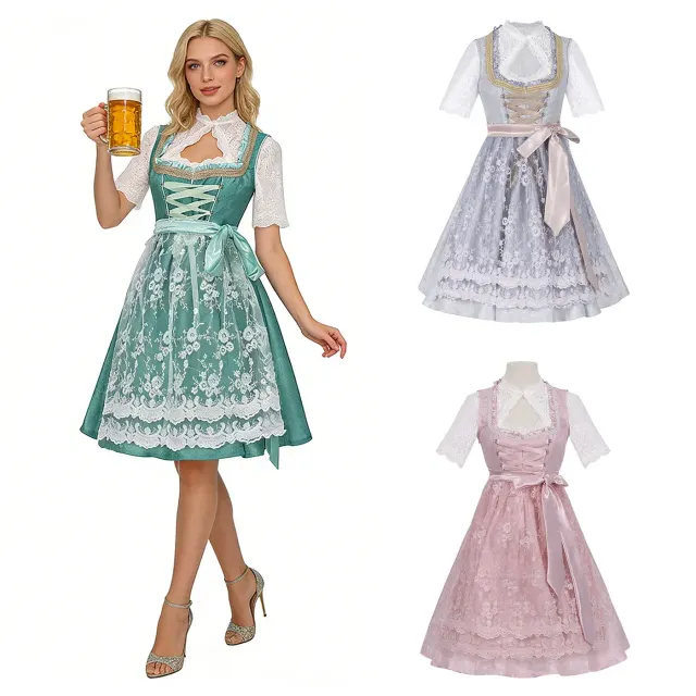 Plus size women's Bavarian Oktoberfest corset-style camisole dress in pink, gray, and green color options.