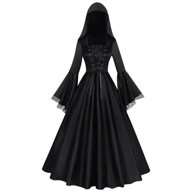 Plus-size medieval Gothic hooded witch dress with long sleeves and a printed long silhouette for Renaissance cosplay.