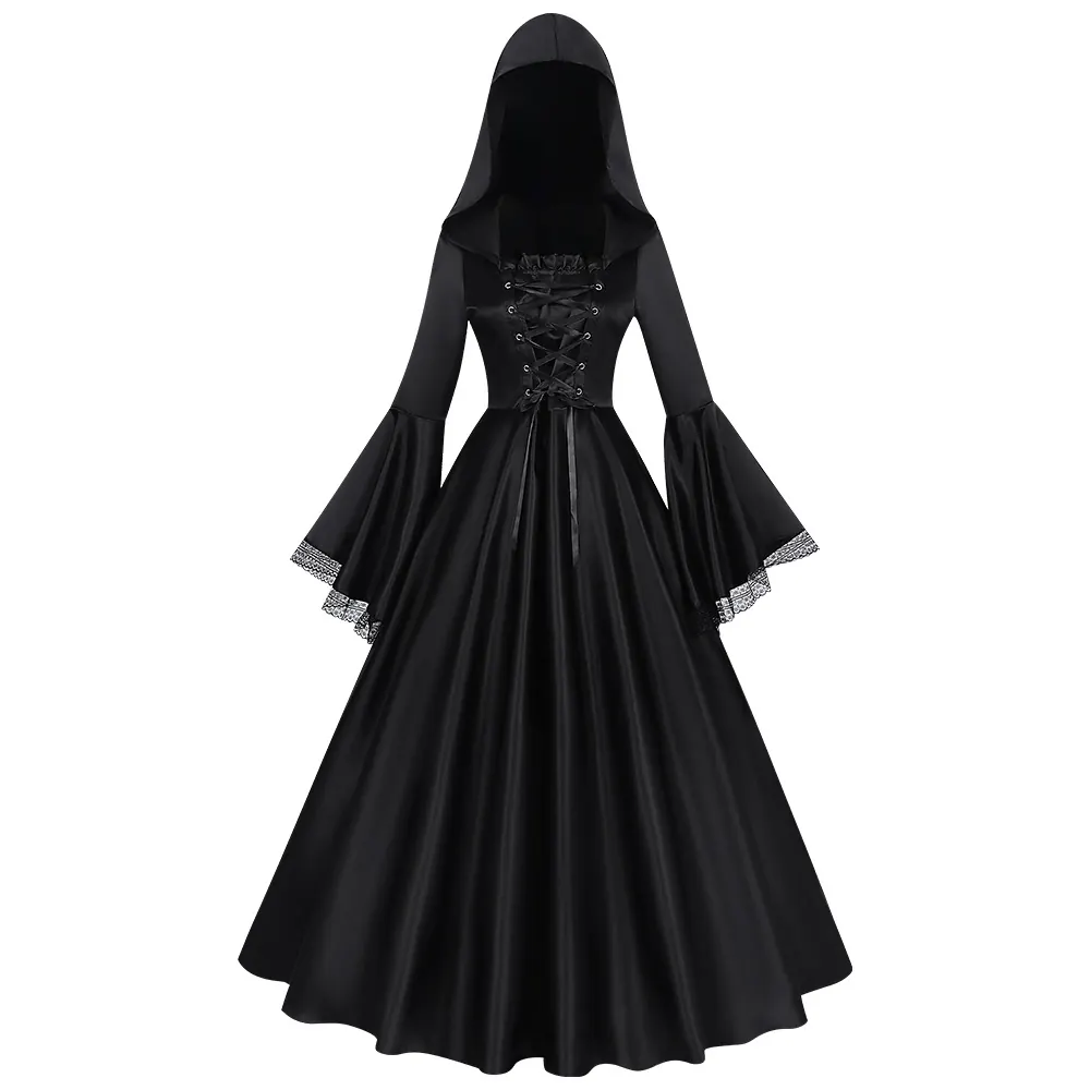 Plus-size medieval Gothic hooded witch dress with long sleeves and a printed long silhouette for Renaissance cosplay.