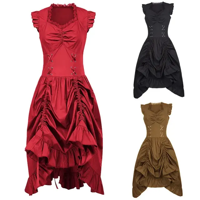 The plus size sleeveless ruffle dress shown in red for medieval, Renaissance, and Victorian-inspired stage wear.
