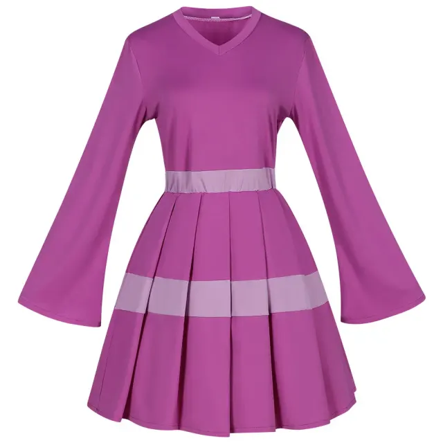 A women's purple pleated midi dress with a V-neck and cinched waist, shown as a medieval-inspired stage costume.