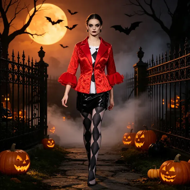 A red and black diamond-pattern harlequin clown cosplay costume for women, designed for Halloween parties and stage performances.