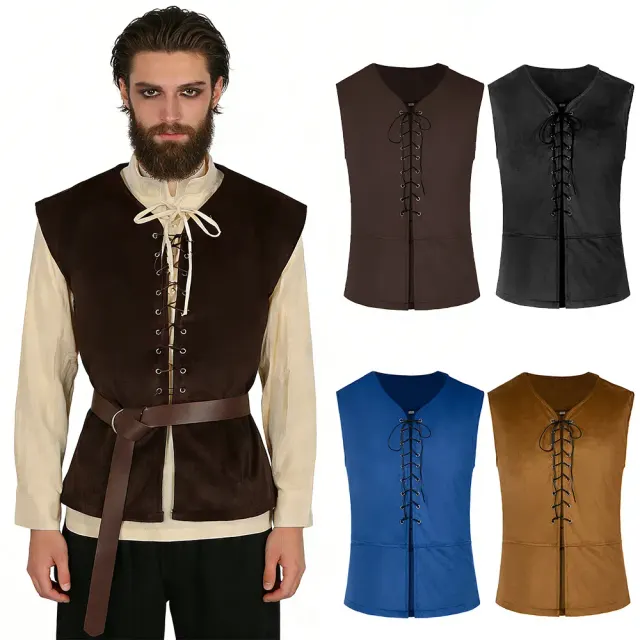 A blue sleeveless Renaissance pirate suede vest designed for Halloween, Viking, and theatrical cosplay costumes.