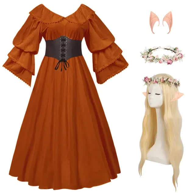 Renaissance Ruffled Doll-Collar Long-Sleeve Floor-Length Dress detail 9
