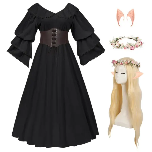 Renaissance Ruffled Doll-Collar Long-Sleeve Floor-Length Dress detail 10