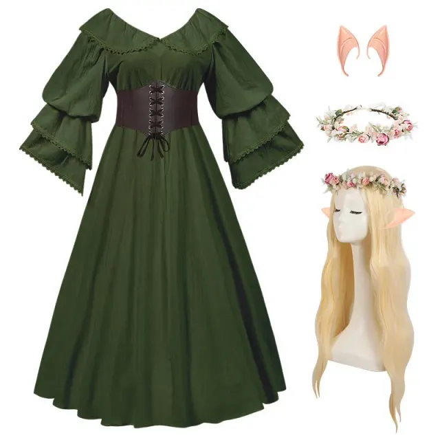 Renaissance Ruffled Doll-Collar Long-Sleeve Floor-Length Dress detail 11