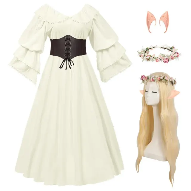 Renaissance Ruffled Doll-Collar Long-Sleeve Floor-Length Dress detail 12