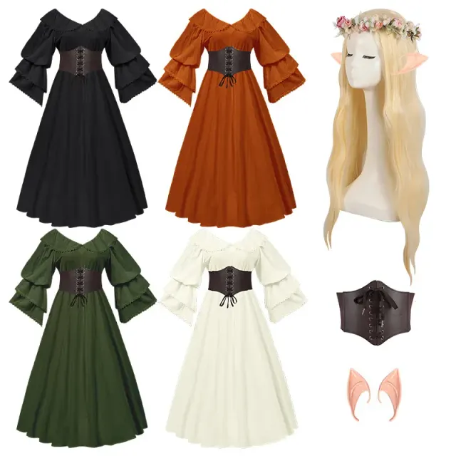 A long-sleeve, floor-length Renaissance-style dress with a doll collar, ruffled trim, and textured jacquard fabric.
