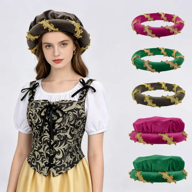 A Renaissance-style padded velvet medieval headpiece with gold trim and ear covers.