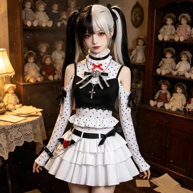 Black and white Requiem nursery rhyme cosplay costume with long sleeves and a dotted pattern.