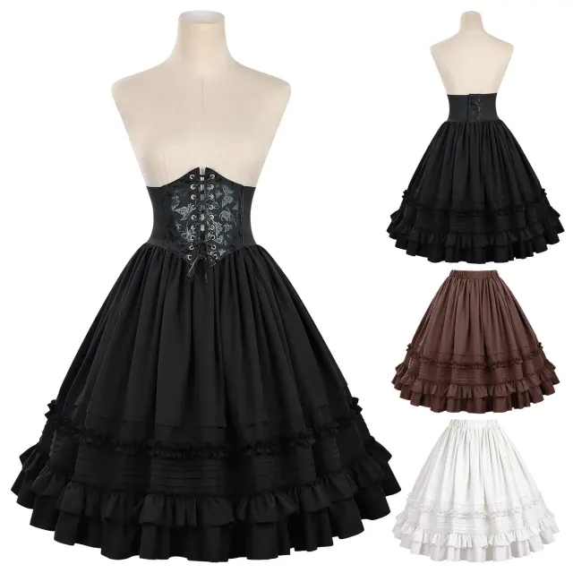 A retro lace ruffled mini skirt styled for cosplay and Halloween with a fitted waist design.