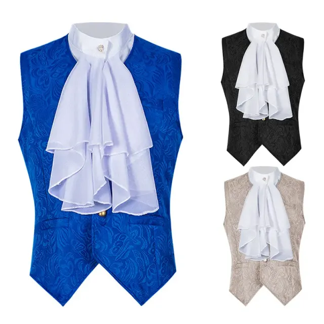 A black short jacquard sleeveless vest with a bow tie, shown in a Gothic medieval costume style.
