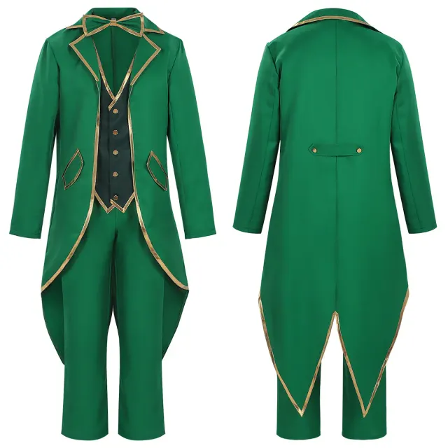 A St. Patrick's Day Irish elf cosplay costume with a vintage Gothic-style coat, elf hat, and bow tie.