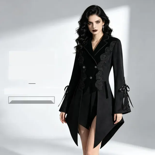 Black steampunk vintage women's lace tailcoat jacket with a floral pattern for Halloween cosplay.