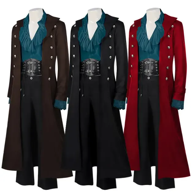 A steampunk Gothic Victorian long coat with a Renaissance-style shirt, shown in the available red, brown, navy blue, deep black, white, and blue options.