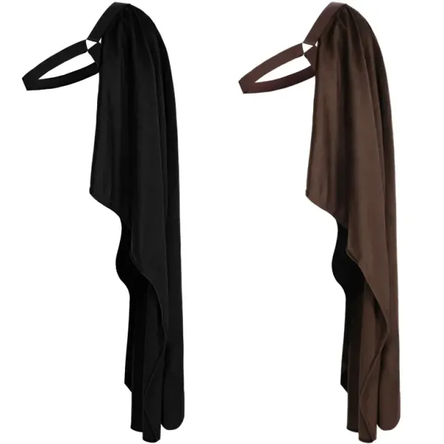 A unisex steampunk half-shoulder cape with a belt, available in brown or black for medieval and Halloween costumes.