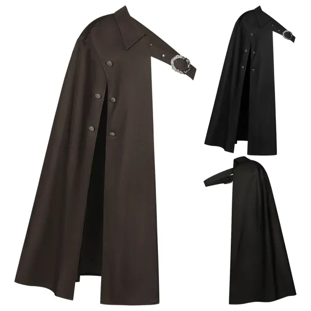 A brown steampunk one-shoulder long cloak with a stand collar and medieval-inspired style for cosplay.
