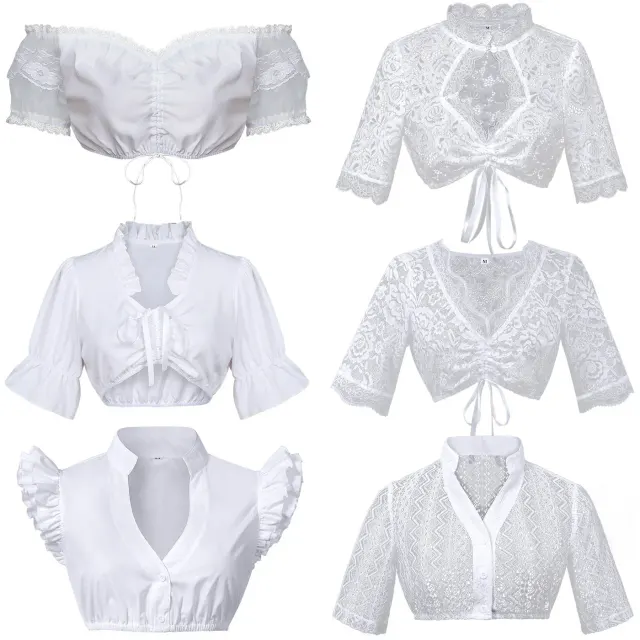 The main image shows a white traditional Bavarian Oktoberfest corset costume for stage performance and beer festival wear.