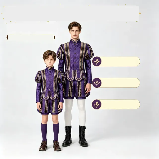 Adult and kids Tudor court jacquard costume set with a long-sleeve jacket and knee-length shorts in a dark patterned fabric.