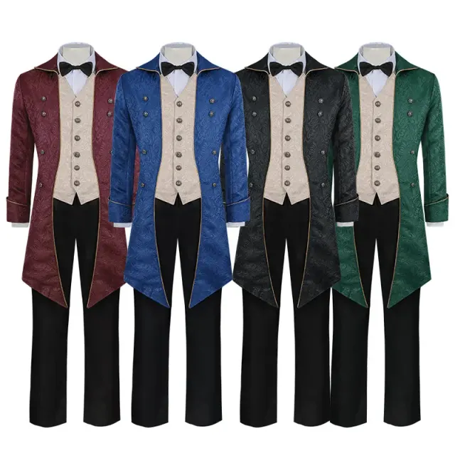 A red mid-length jacquard tailcoat with a bow tie, styled as a unisex medieval punk stage costume.