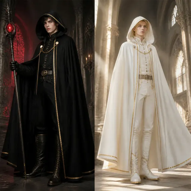 A unisex white hooded long robe with gold trim, styled for medieval Halloween and cosplay costumes.