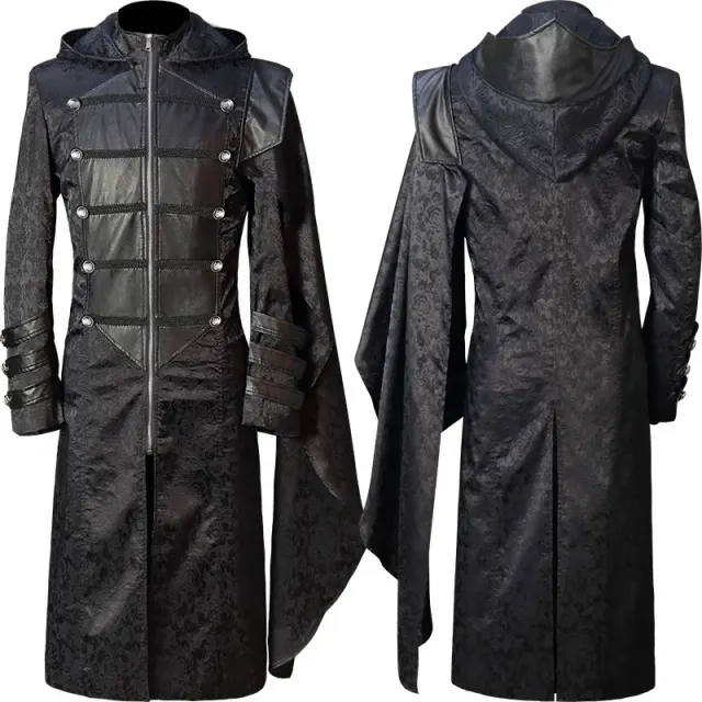 Unisex Gothic Steampunk Black Leather Cloak Coat for Halloween detail 3