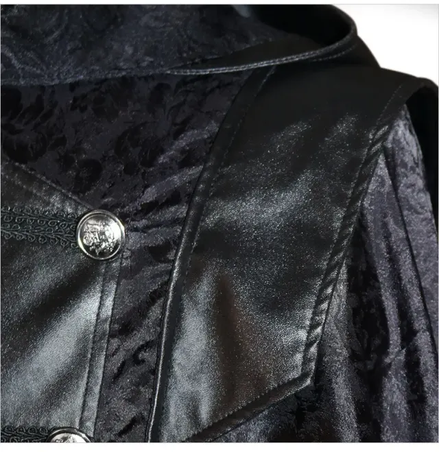 Unisex Gothic Steampunk Black Leather Cloak Coat for Halloween detail 8