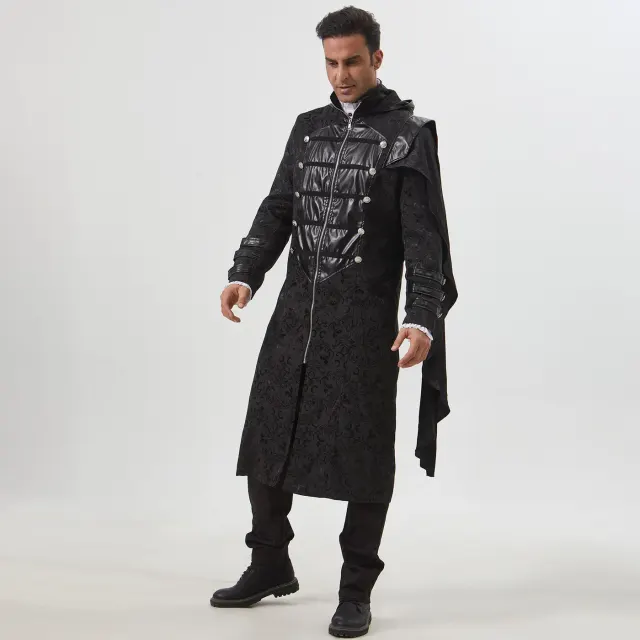 Unisex Gothic Steampunk Black Leather Cloak Coat for Halloween detail 12