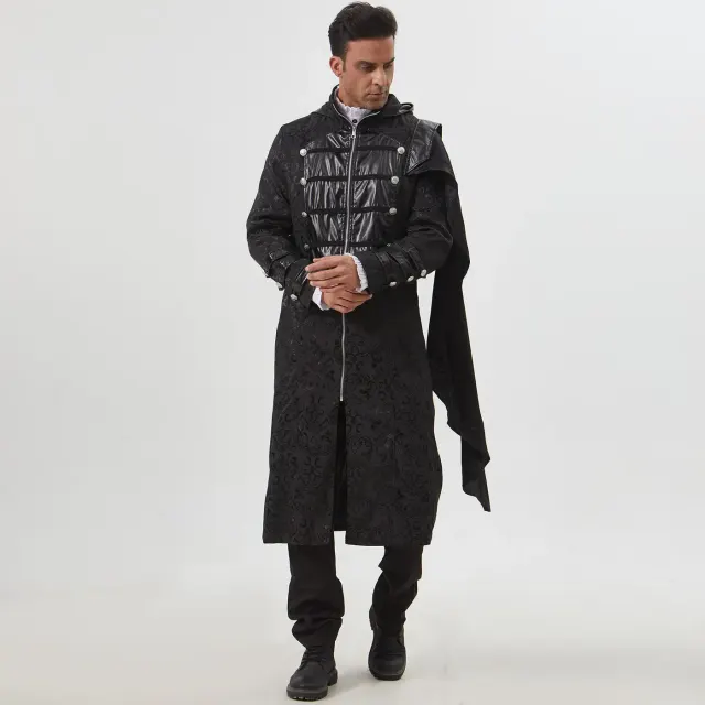 Unisex Gothic Steampunk Black Leather Cloak Coat for Halloween detail 13