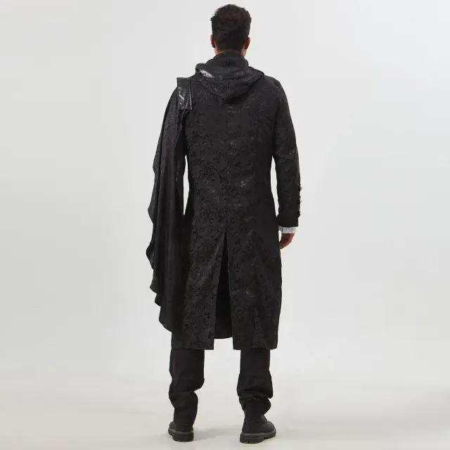 Unisex Gothic Steampunk Black Leather Cloak Coat for Halloween detail 14