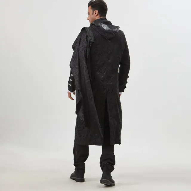 Unisex Gothic Steampunk Black Leather Cloak Coat for Halloween detail 15