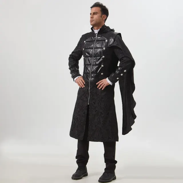 Unisex Gothic Steampunk Black Leather Cloak Coat for Halloween detail 16