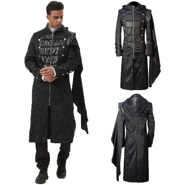 Black Gothic steampunk cloak coat with a stand collar, designed as a unisex costume for Halloween or stage performance.