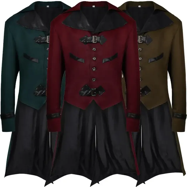 Main image shows a unisex Gothic steampunk tailcoat jacket in army green for Halloween and theatrical costume wear.