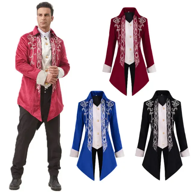 A unisex Gothic Steampunk Victorian-style tailcoat jacket in black, made of polyester for theater and stage costume wear.
