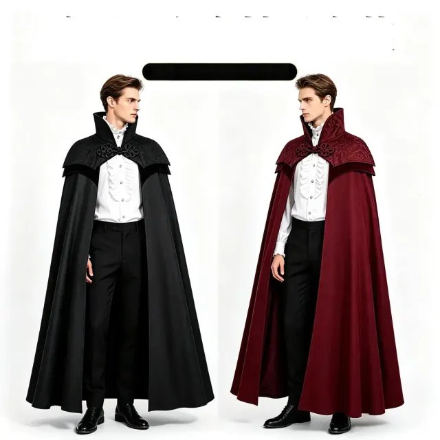 Gothic vampire cape with a stand collar and jacquard pattern, available in black or red for Halloween cosplay and stage wear.