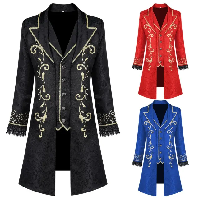 Veste cosplay de prince de cour médiéval noire pour Halloween et les représentations sur scène.