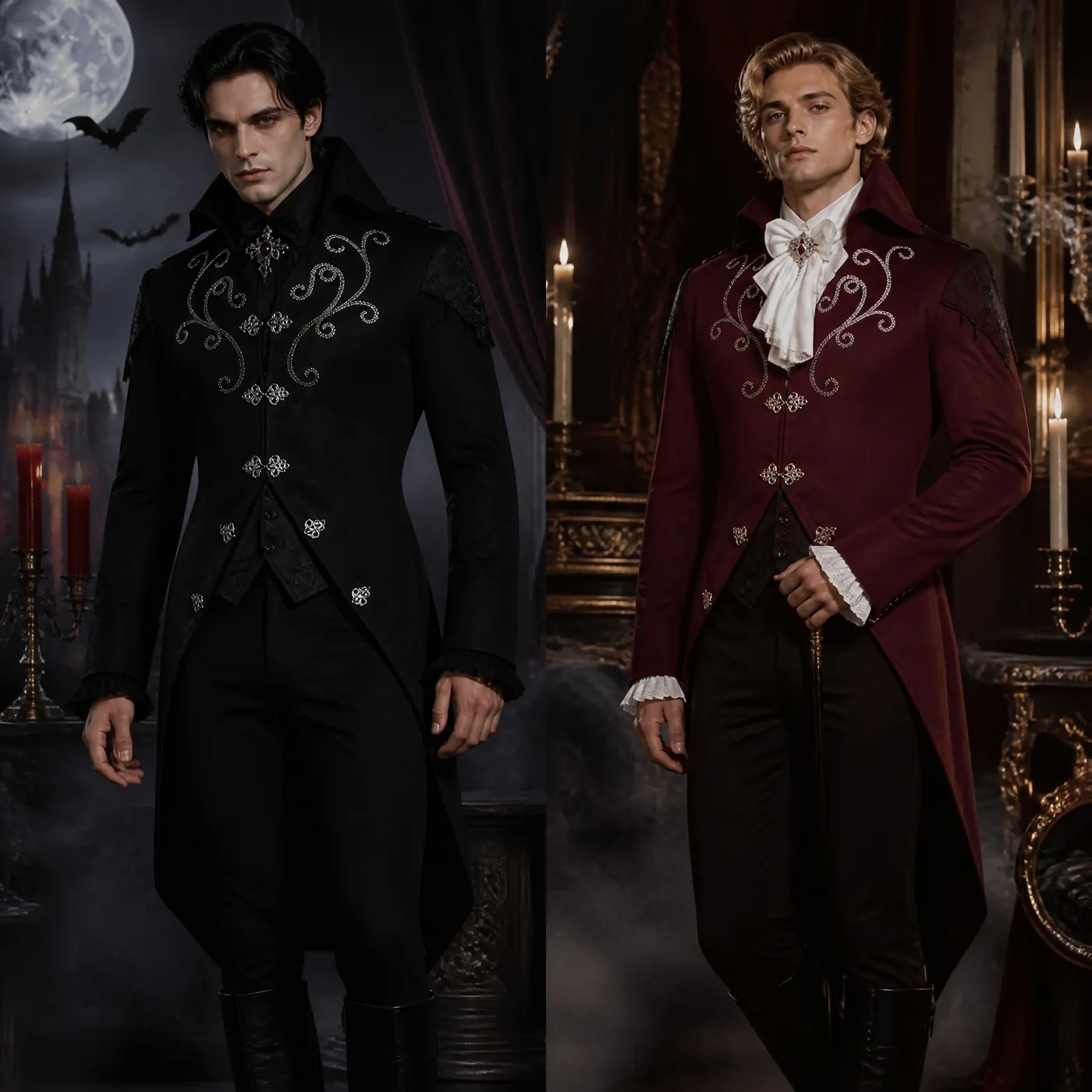 Unisex black mid-length tailcoat with a solid finish, styled for Halloween, medieval, punk, and stage costume looks.