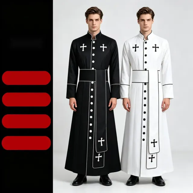 Long black medieval priest robe designed for Halloween cosplay and stage performances.