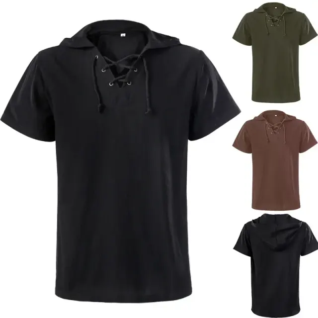 Unisex Hooded Lace-Up Medieval Short-Sleeve Shirt detail 1
