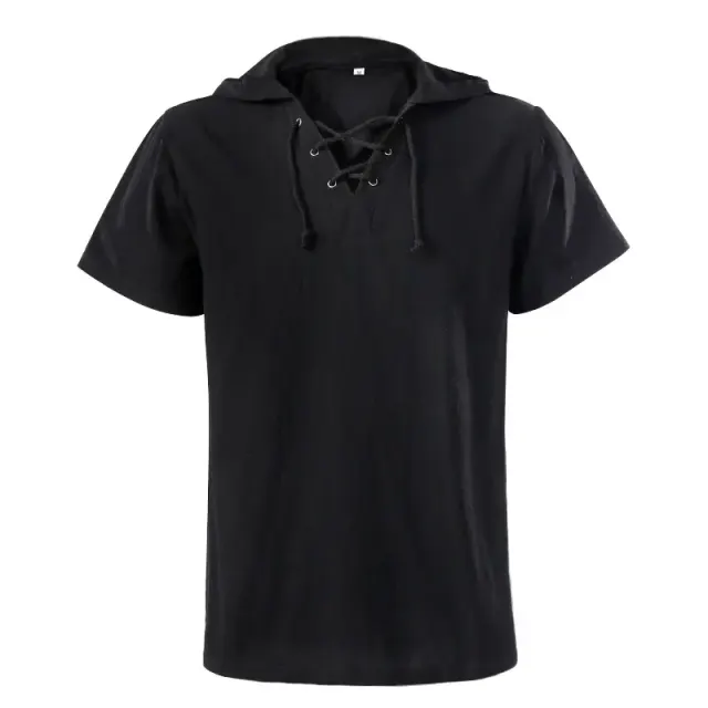 Unisex Hooded Lace-Up Medieval Short-Sleeve Shirt detail 2