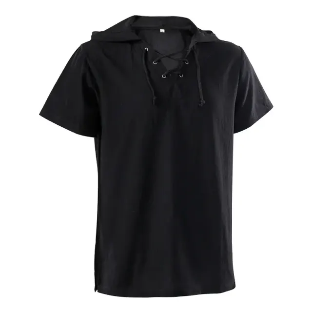 Unisex Hooded Lace-Up Medieval Short-Sleeve Shirt detail 3